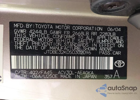2005 Toyota Camry Le/Se/Std/Xle from USA, damaged, VIN JTDBE32K050302096